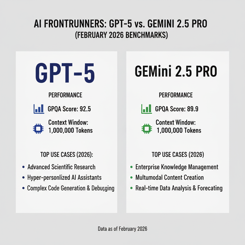 Infographic comparing GPT-5 vs Gemini 2.5 Pro on benchmarks like GPQA score, context window (1M tokens), and top use cases with 2026 data