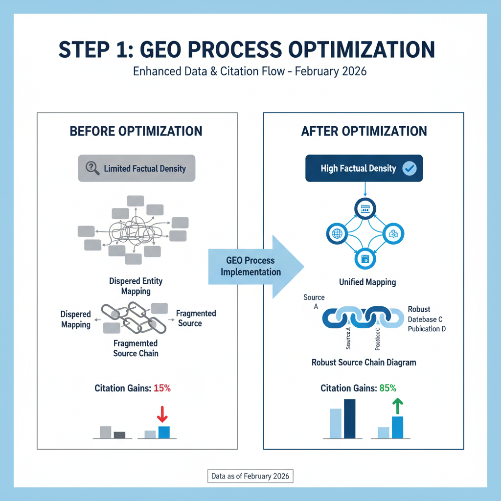 Infographic for Step 1: GEO process with factual density, entity mapping, and source chain diagram showing before/after citation gains