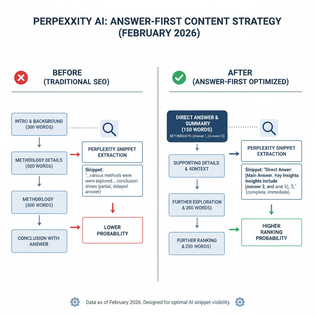 Infographic: Before/after example of answer-first content structure for ranking in Perplexity, showing snippet extraction flow