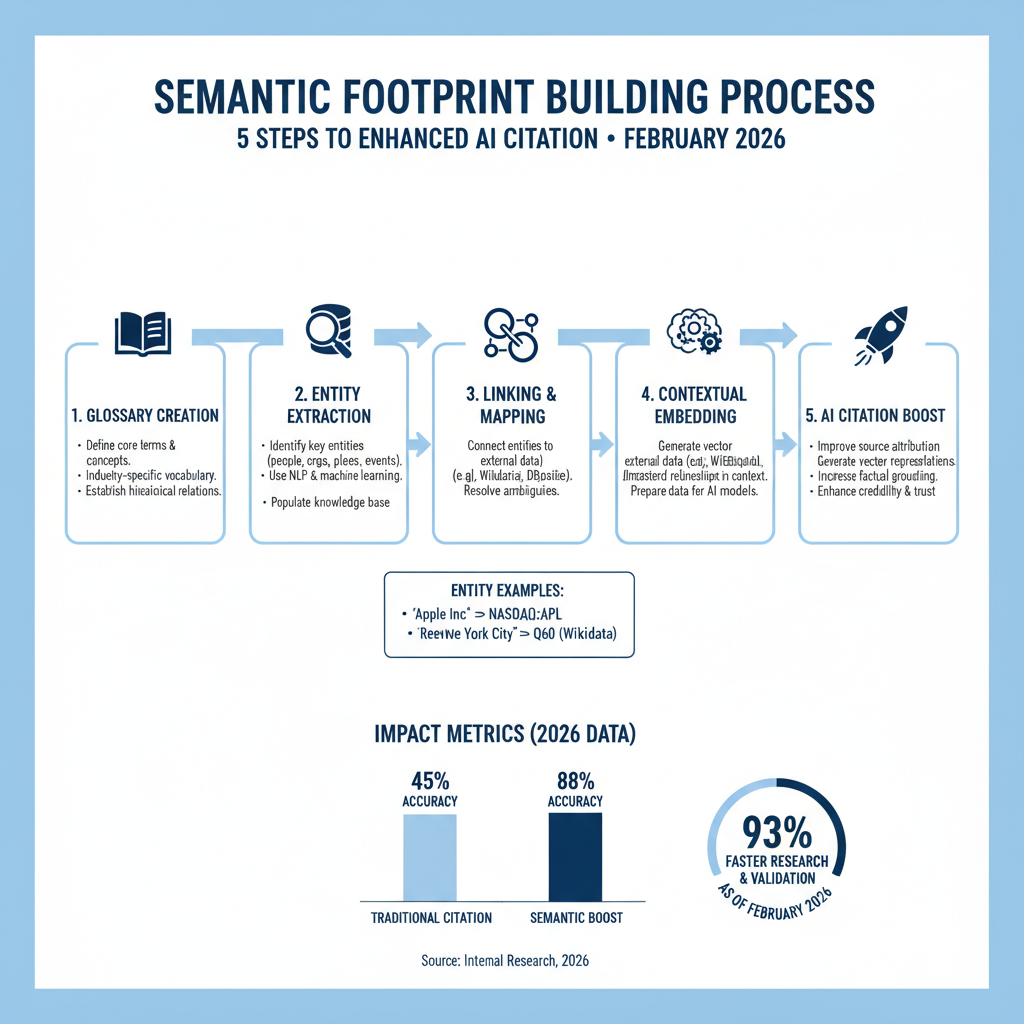Infographic: Semantic footprint building process — 5 steps from glossary creation to linking with entity examples and AI citation boost stats