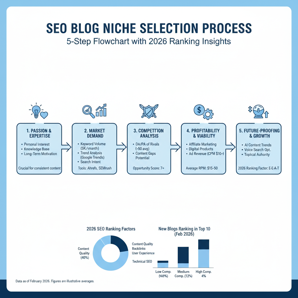 Infographic: Niche selection process for SEO blogs — 5-step flowchart with demand metrics, tools, and 2026 ranking stats