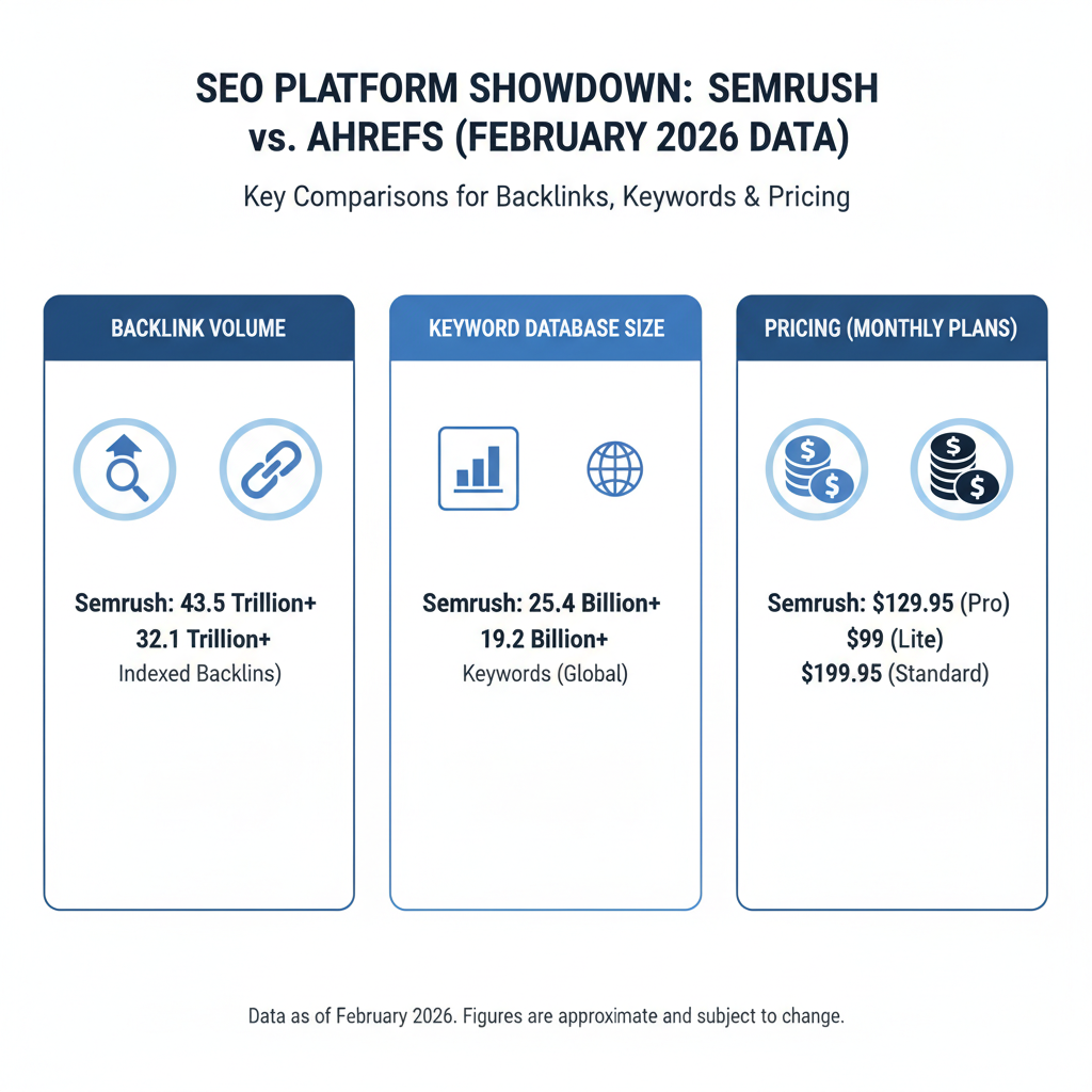 Infographic comparing Semrush vs Ahrefs on backlink volume, keyword database size, and pricing with 2026 data points