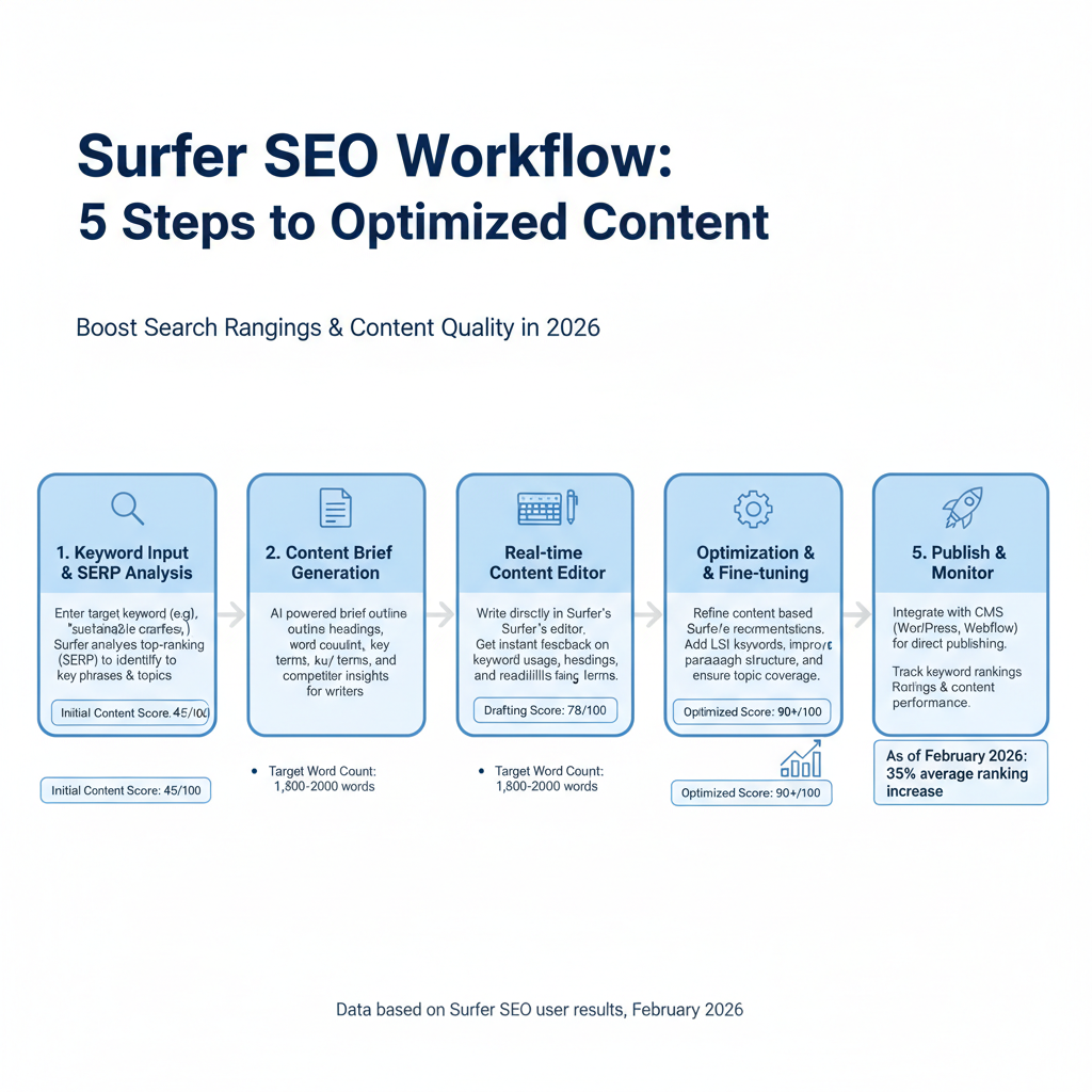 Infographic of Surfer SEO workflow: 5 steps from keyword input to optimized publish with example score improvements