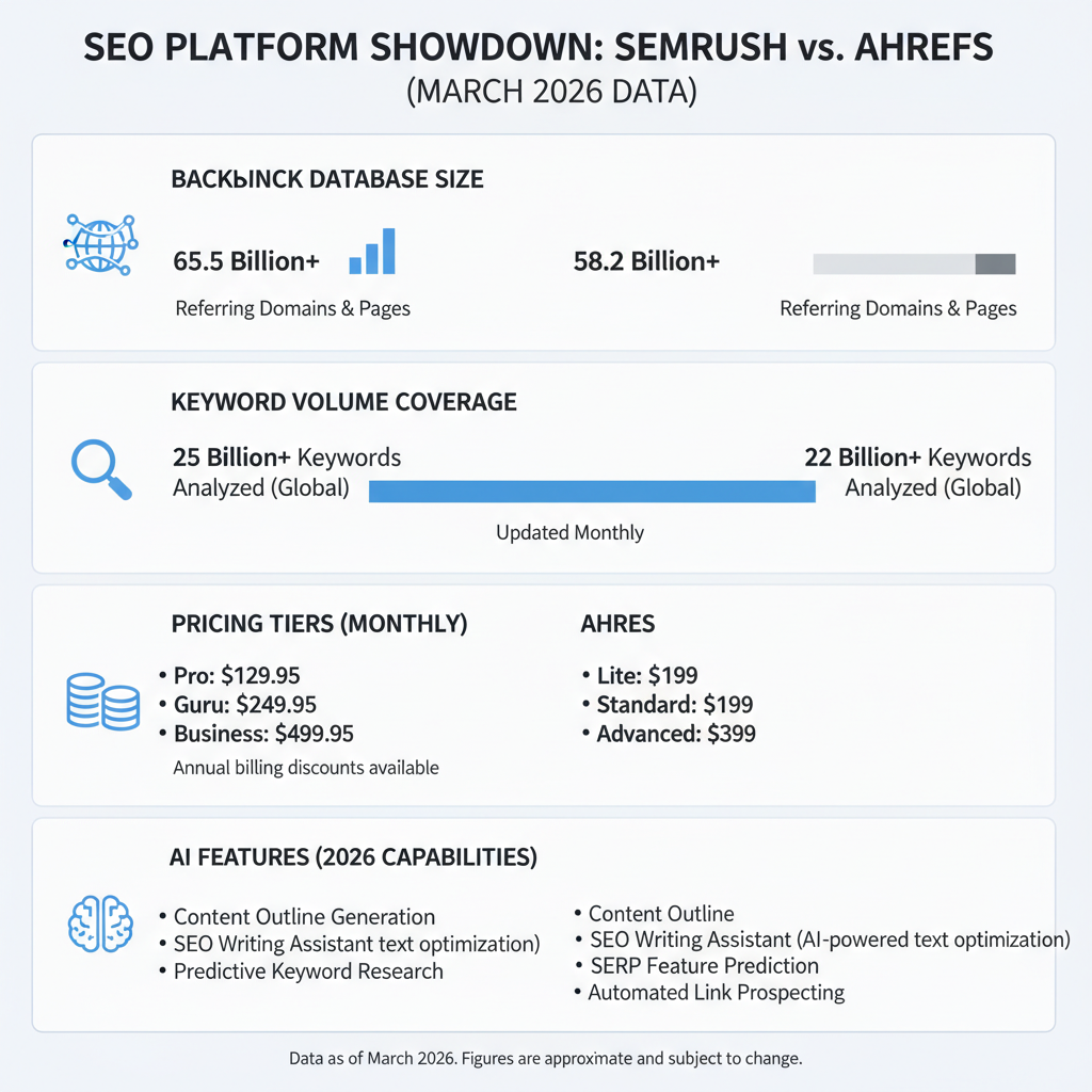 Infographic comparing Semrush vs Ahrefs on backlink database size, keyword volume coverage, pricing tiers, and AI features with 2026 data