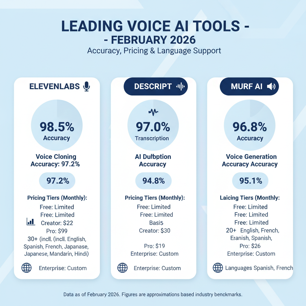 Infographic of top voice AI tools including ElevenLabs with accuracy stats, pricing tiers, and language support in 2026
