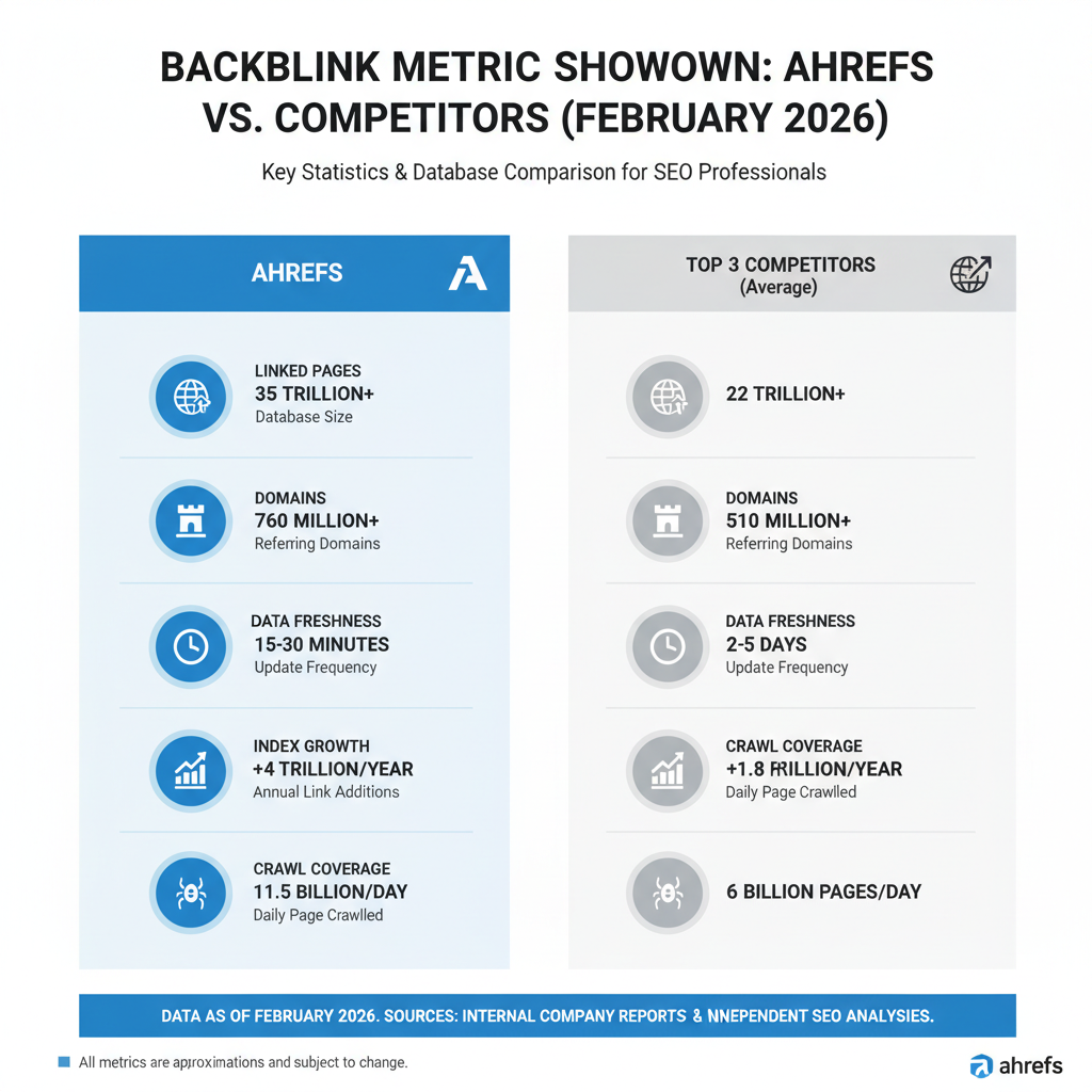 Infographic comparing Ahrefs backlink metrics vs competitors, with 5 key stats like link database size and freshness