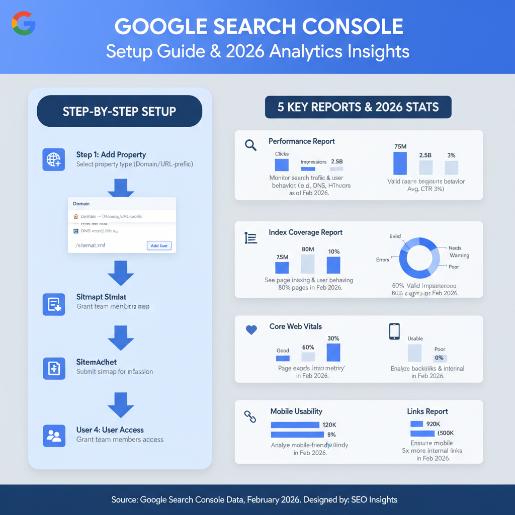 Infographic: Step-by-step setup and 5 key reports in Google Search Console with screenshots and 2026 usage stats