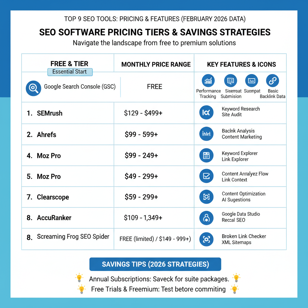 Infographic of top 9 SEO tools pricing tiers from free (GSC) to $200+ with feature icons and savings tips