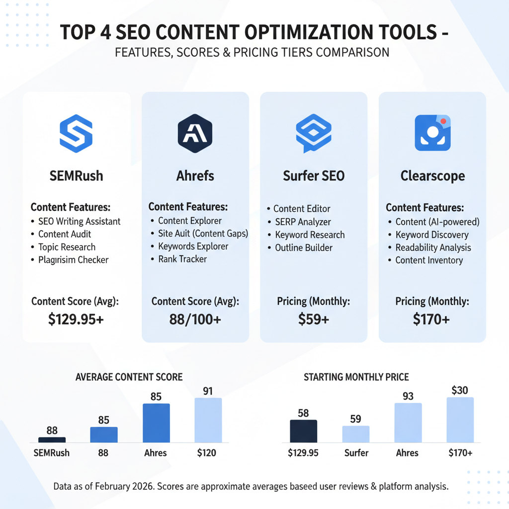 Infographic comparing top 4 SEO tools on content optimization features, scores, and pricing tiers