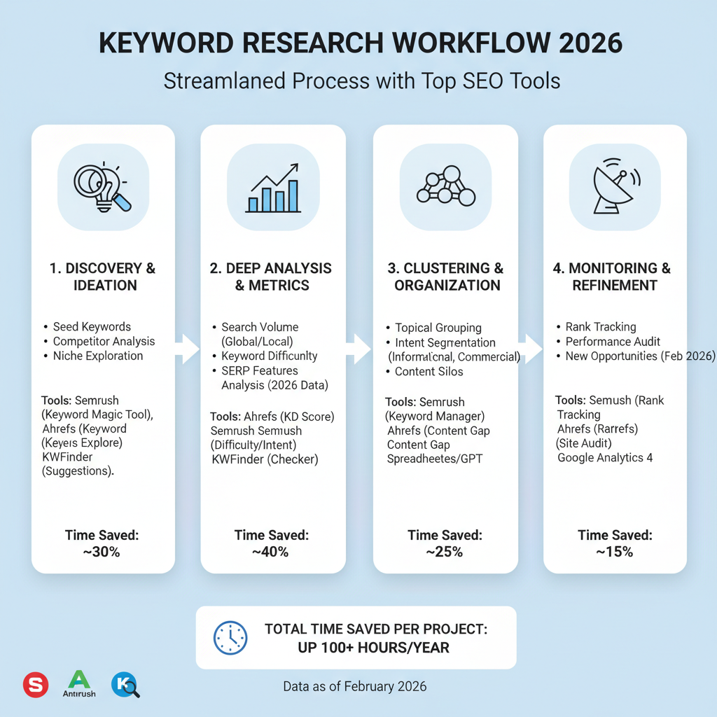 Infographic of keyword research workflow using top tools like Semrush, Ahrefs, KWFinder with steps, time saved, and tool icons
