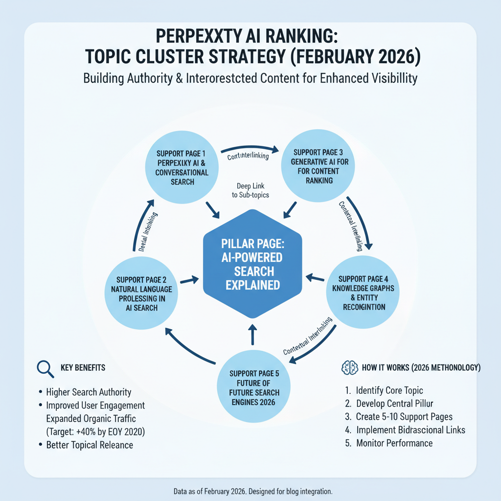 Infographic: Topic cluster example for Perplexity ranking with pillar page, 5 support pages, interlinks shown as arrows