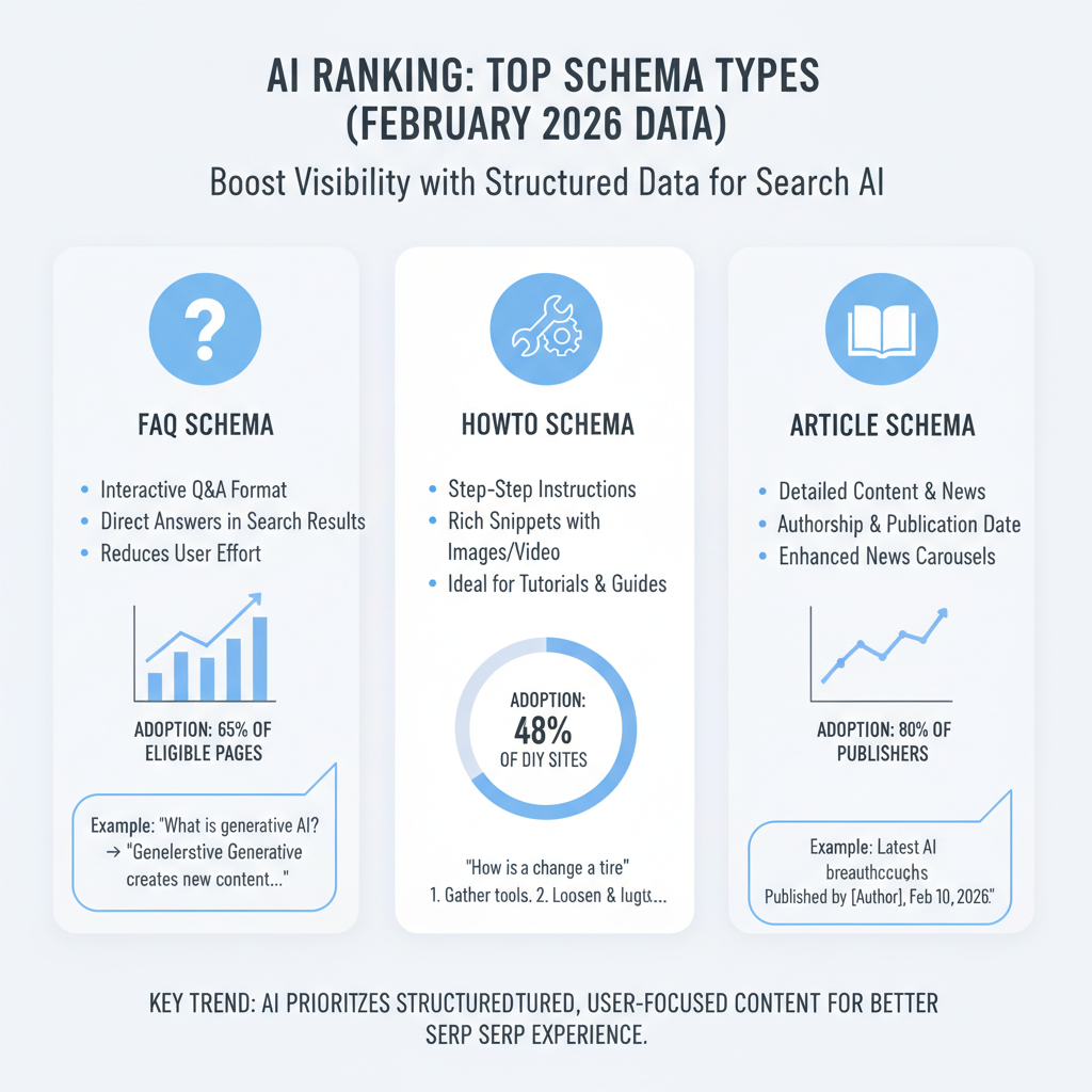 Infographic: Top schema types for AI ranking — FAQ, HowTo, Article with examples and adoption stats as of 2026
