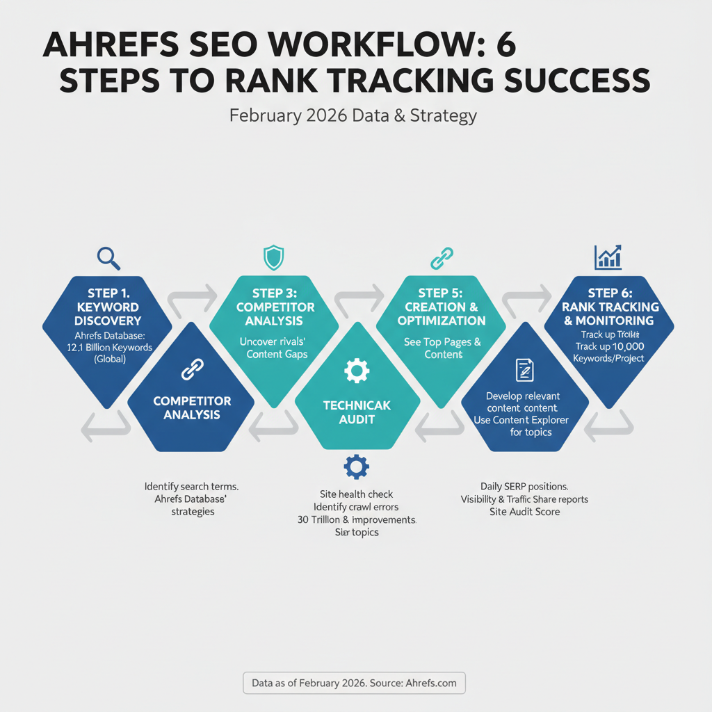 Infographic: Ahrefs workflow diagram with 6 steps from keyword discovery to rank tracking, including data stats like 30T links