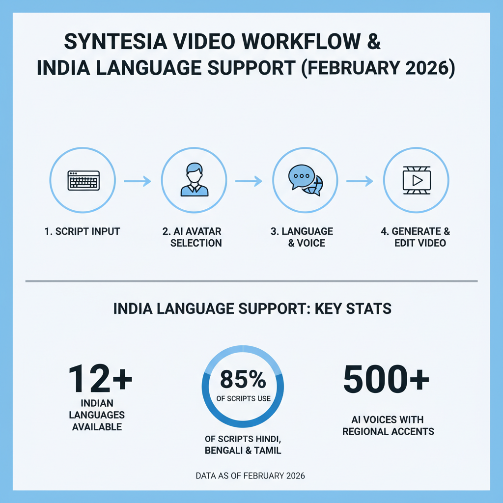 Infographic of Synthesia workflow: script to video steps with India language support stats