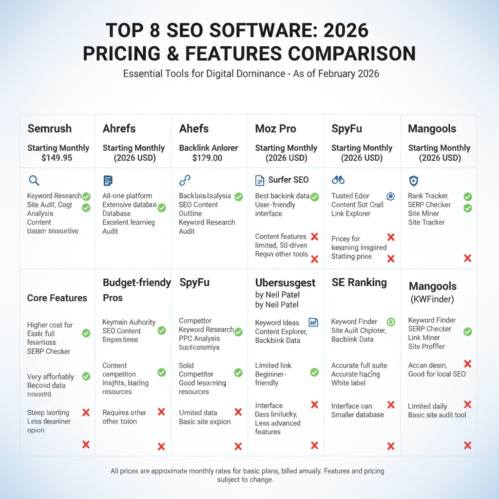 Infographic comparing pricing and core features of top 8 best SEO tools (Semrush, Ahrefs, Surfer, etc.) with pros/cons icons and 2026 pricing