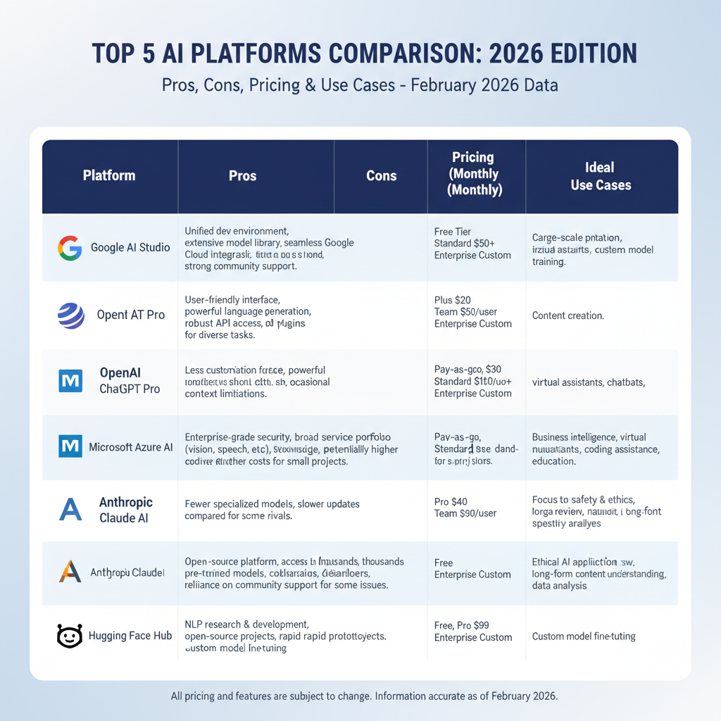 Infographic: Top 5 best AI platforms comparison table with pros, cons, pricing, and ideal use cases for 2026