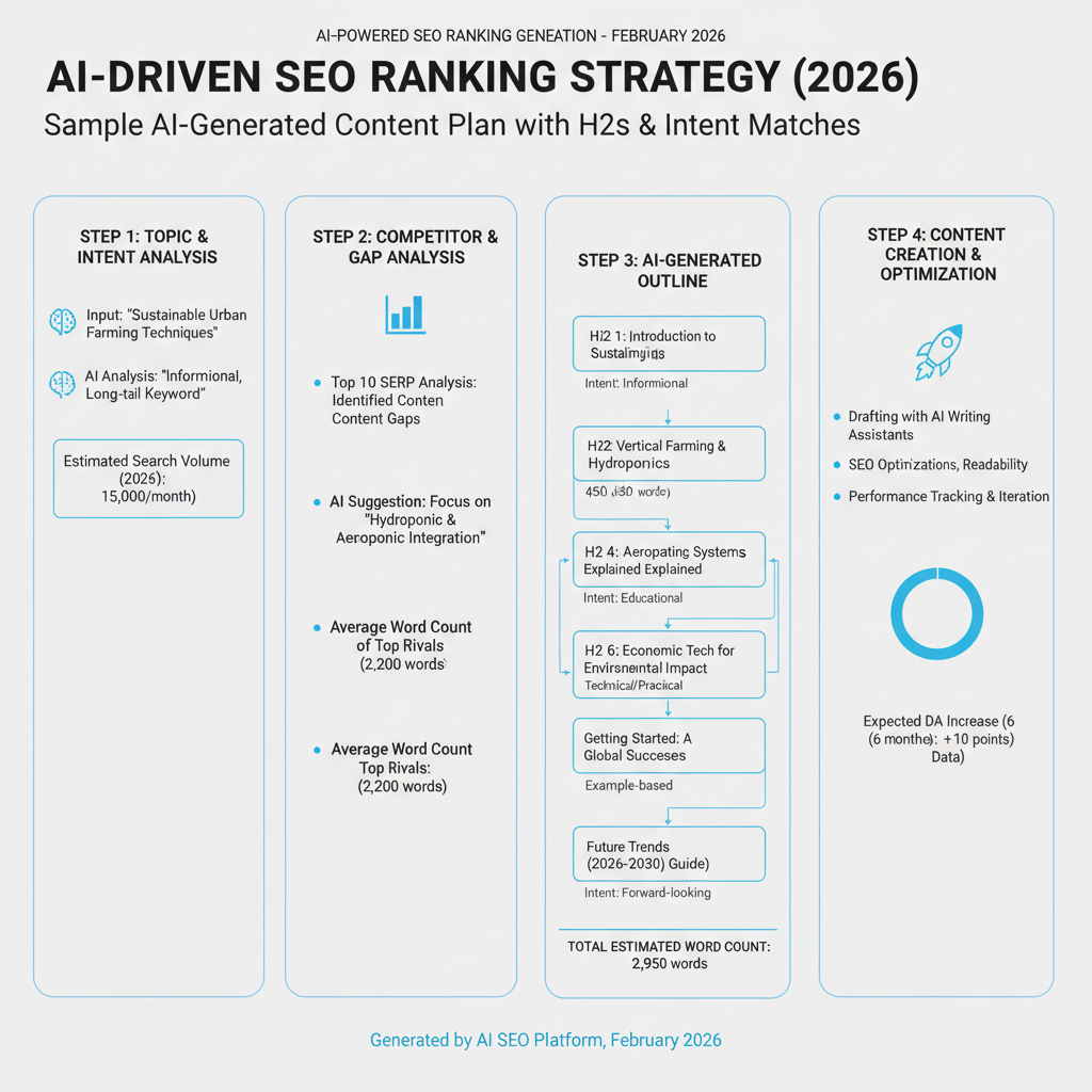 Infographic: Sample AI-generated outline for how to rank SEO using AI topic with H2s, word counts, and intent matches