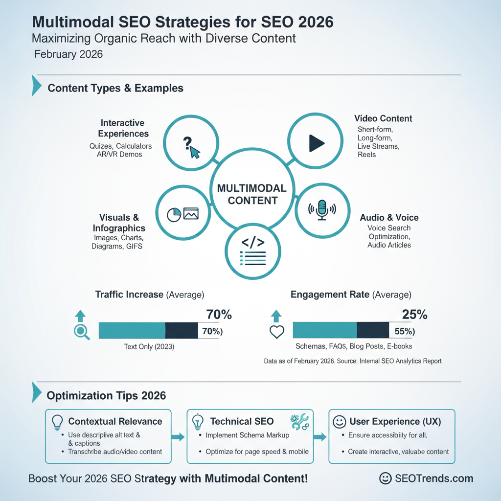Infographic: Multimodal content types for SEO 2026 with examples, citation boost stats, and optimization tips