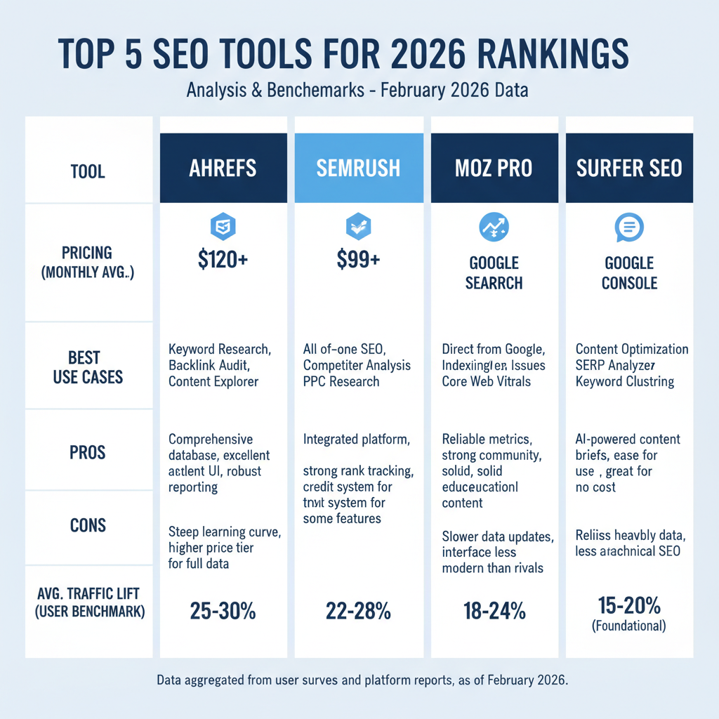 Infographic summarizing top 5 SEO tools for 2026 rankings: side-by-side pricing, best use cases, pros/cons, and average traffic lift stats from user benchmarks