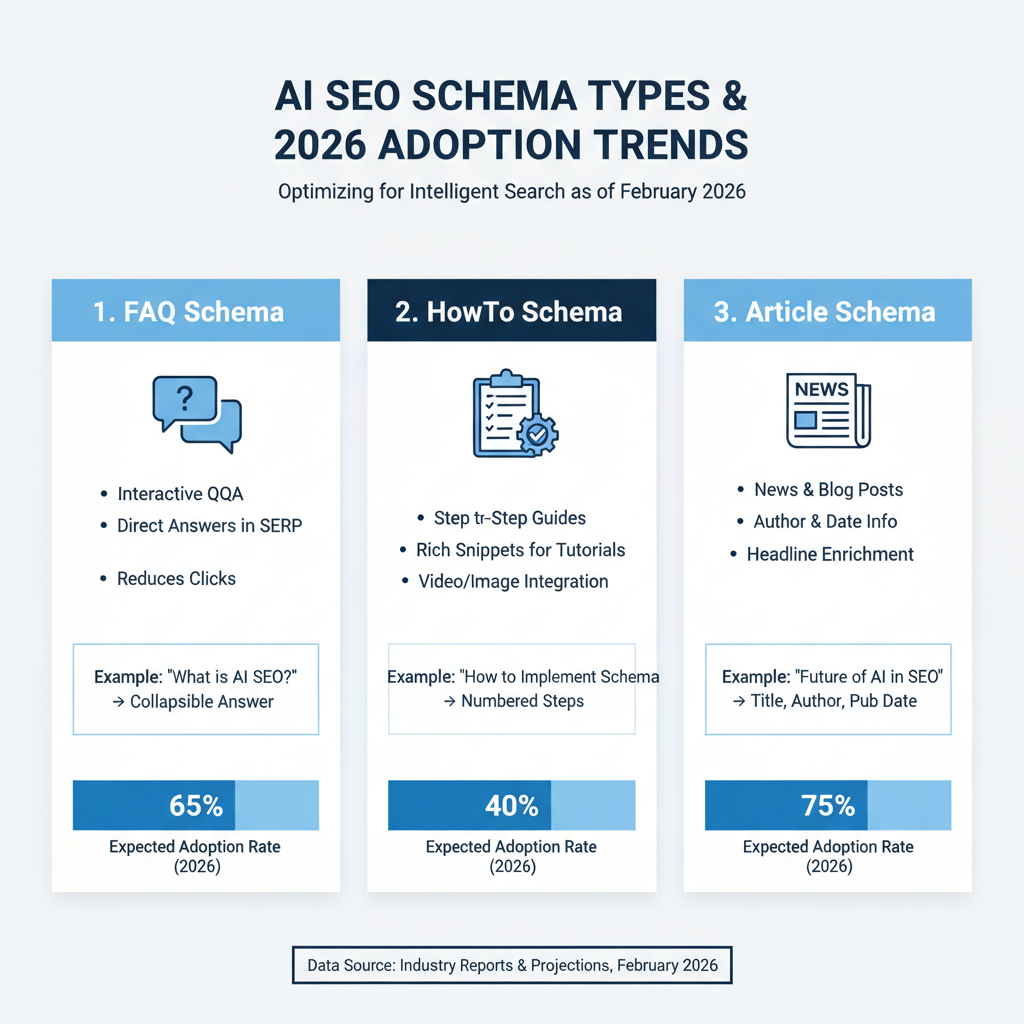 Infographic: Types of schema for AI SEO (FAQ, HowTo, Article) with examples and 2026 adoption stats