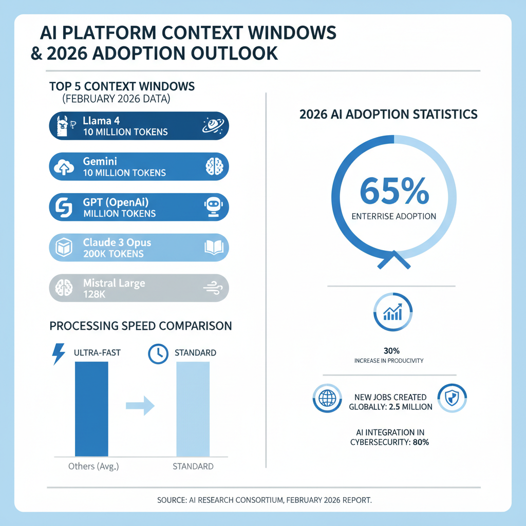 Infographic of top 5 best AI platforms context windows: Llama 4 at 10M, Gemini/GPT at 1M, with processing speed bars and 2026 adoption stats