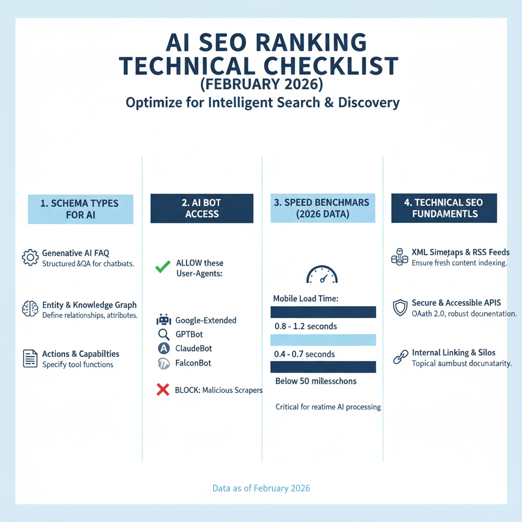 Infographic: Technical checklist for how to rank SEO in AI—schema types, bots to allow, speed benchmarks with 2026 stats
