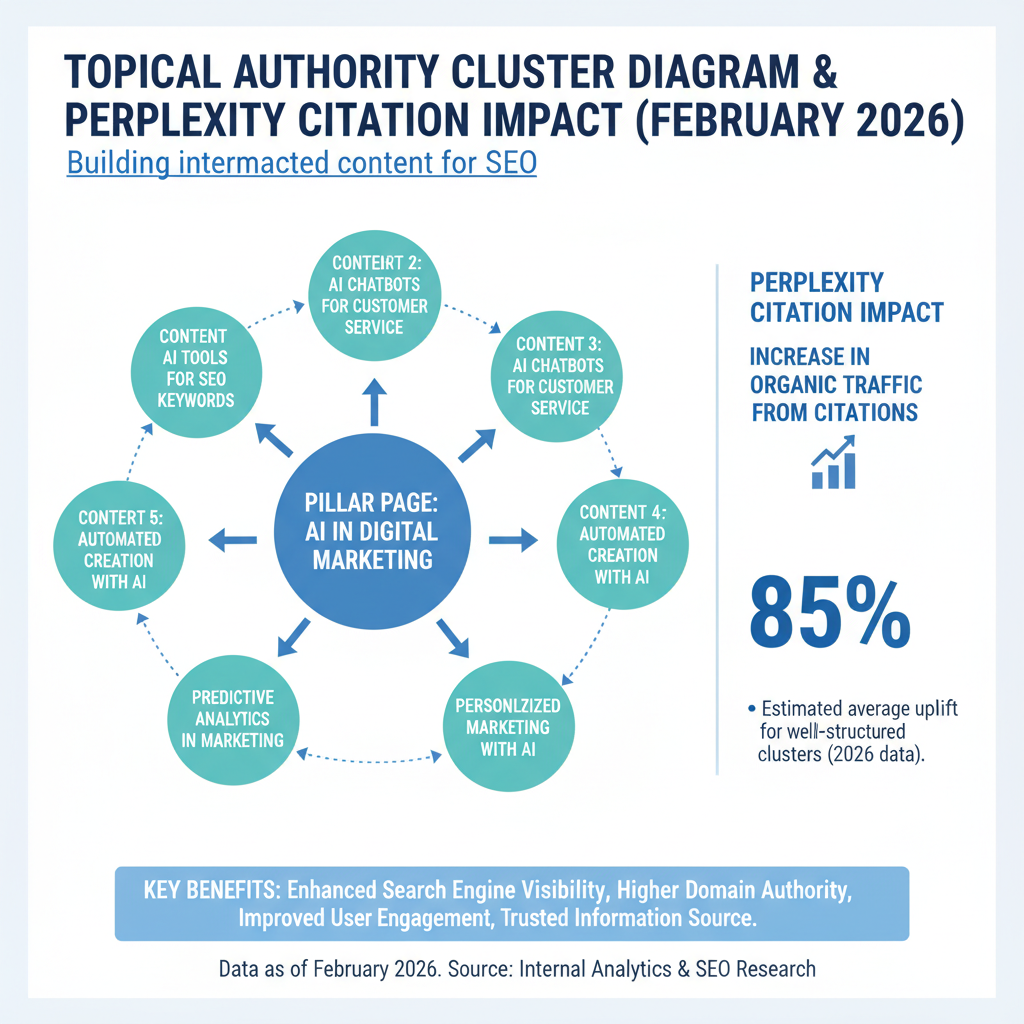 Infographic: Topical authority cluster diagram with pillar page, 5-10 supports, interlinks, and Perplexity citation impact