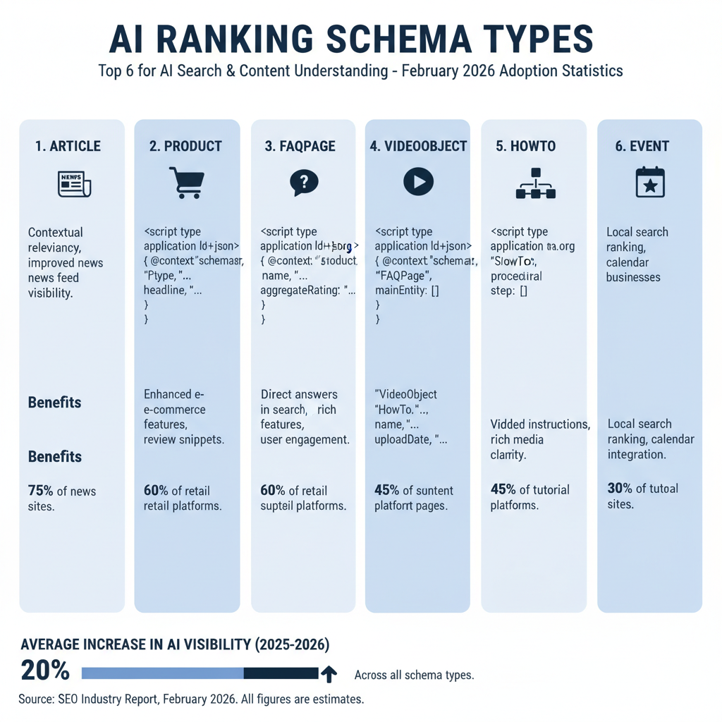 Infographic: Top 6 schema types for AI ranking with code snippets, benefits, and 2026 adoption stats