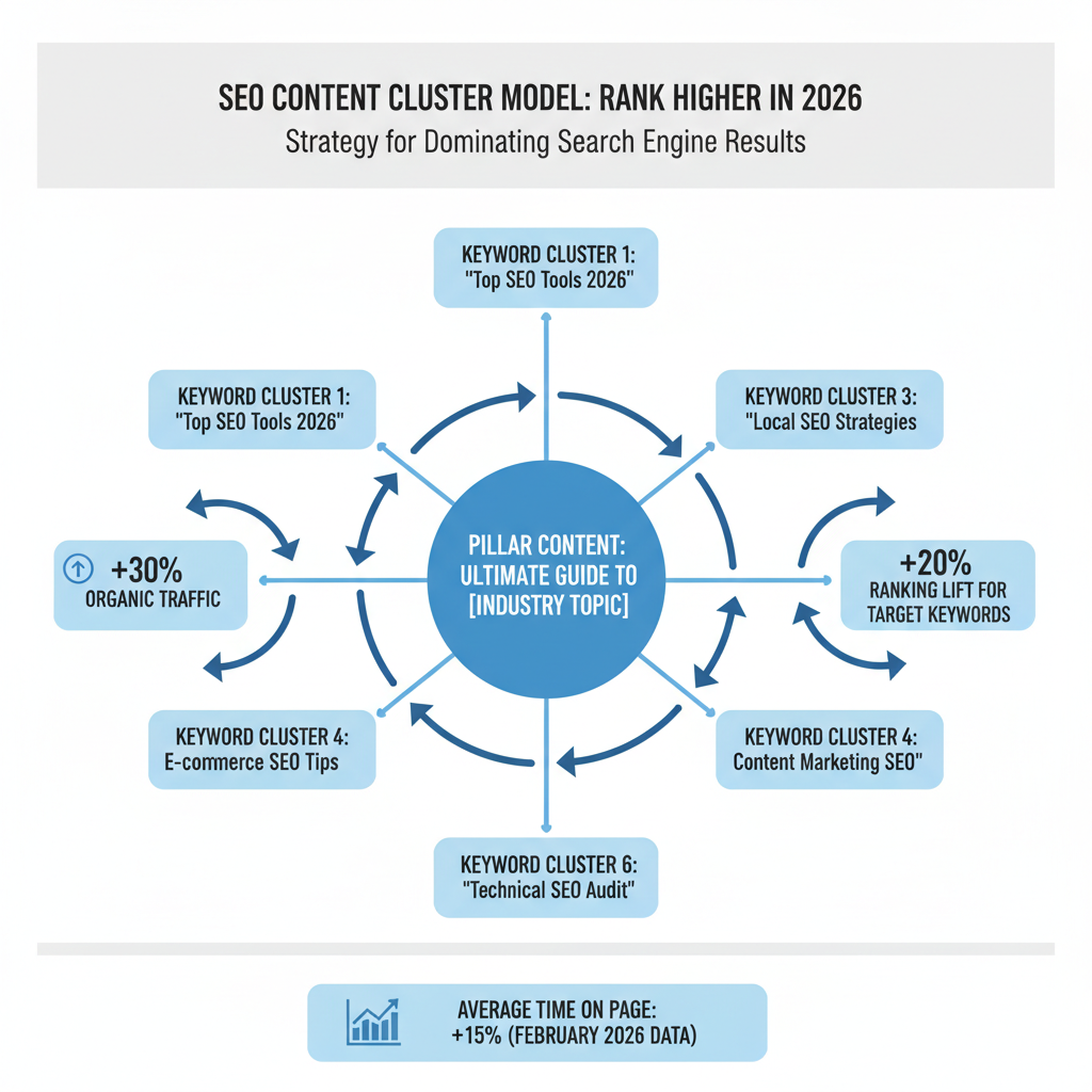 Infographic: Content cluster model for how to rank SEO blogs — pillar in center, 6 spokes with keywords, linking arrows, and ranking uplift stats