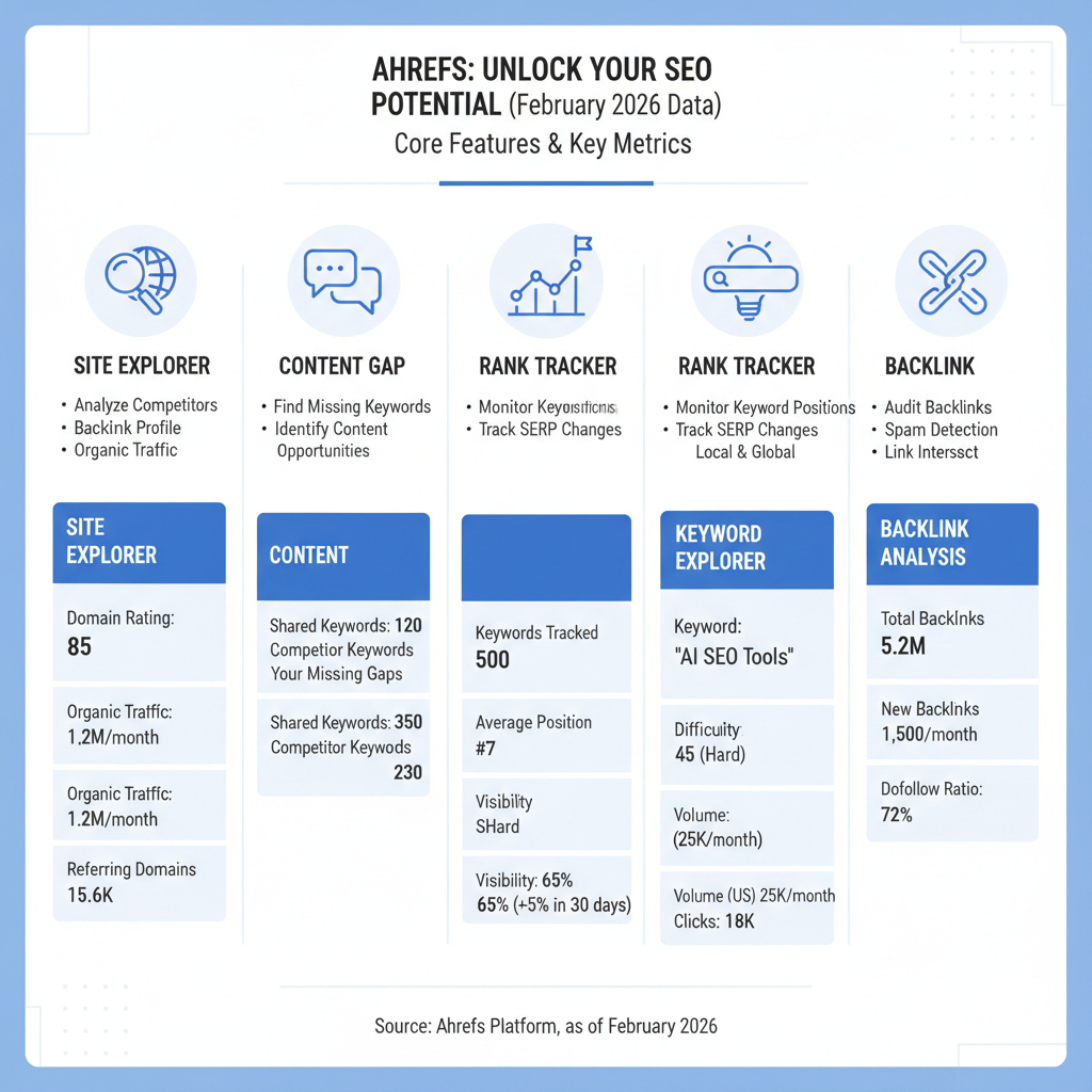 Infographic showing Ahrefs' core features: Site Explorer, Content Gap, Rank Tracker, Keyword Explorer, and Backlink Analysis with example metrics