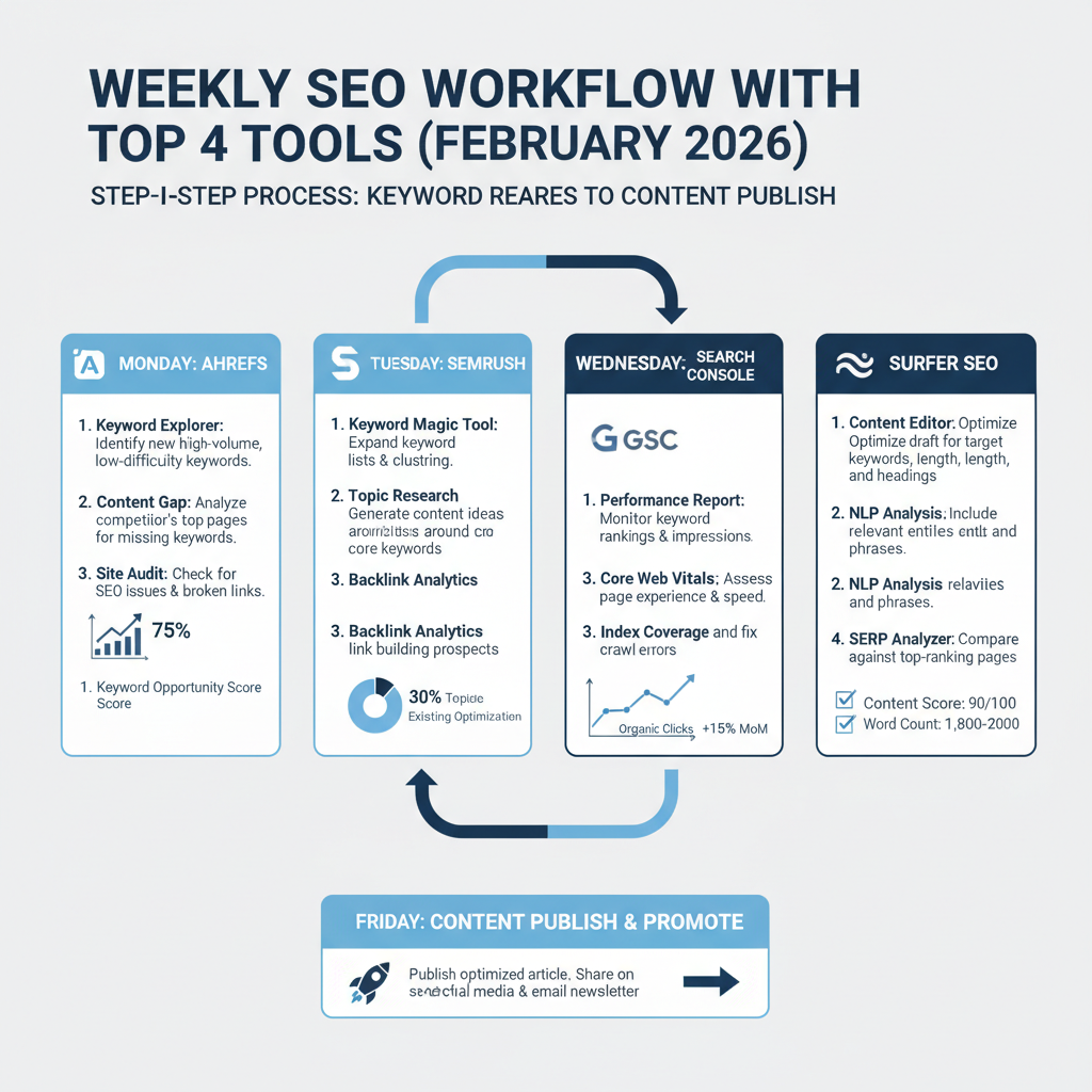 Infographic: Step-by-step process for using top 4 SEO tools in a weekly workflow, including keyword research to content publish