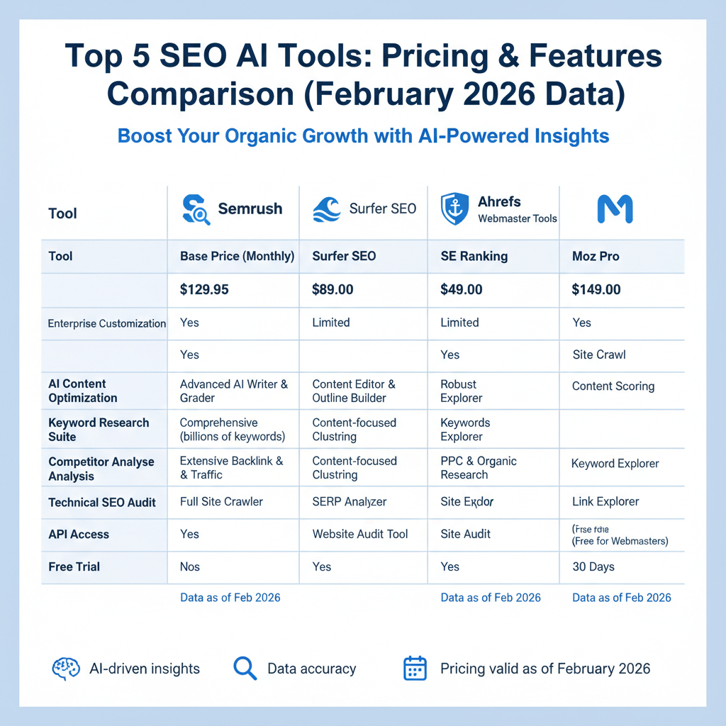 Infographic comparing pricing and features of top 5 SEO AI tools including Semrush, Surfer, and SE Ranking with 2026 data points
