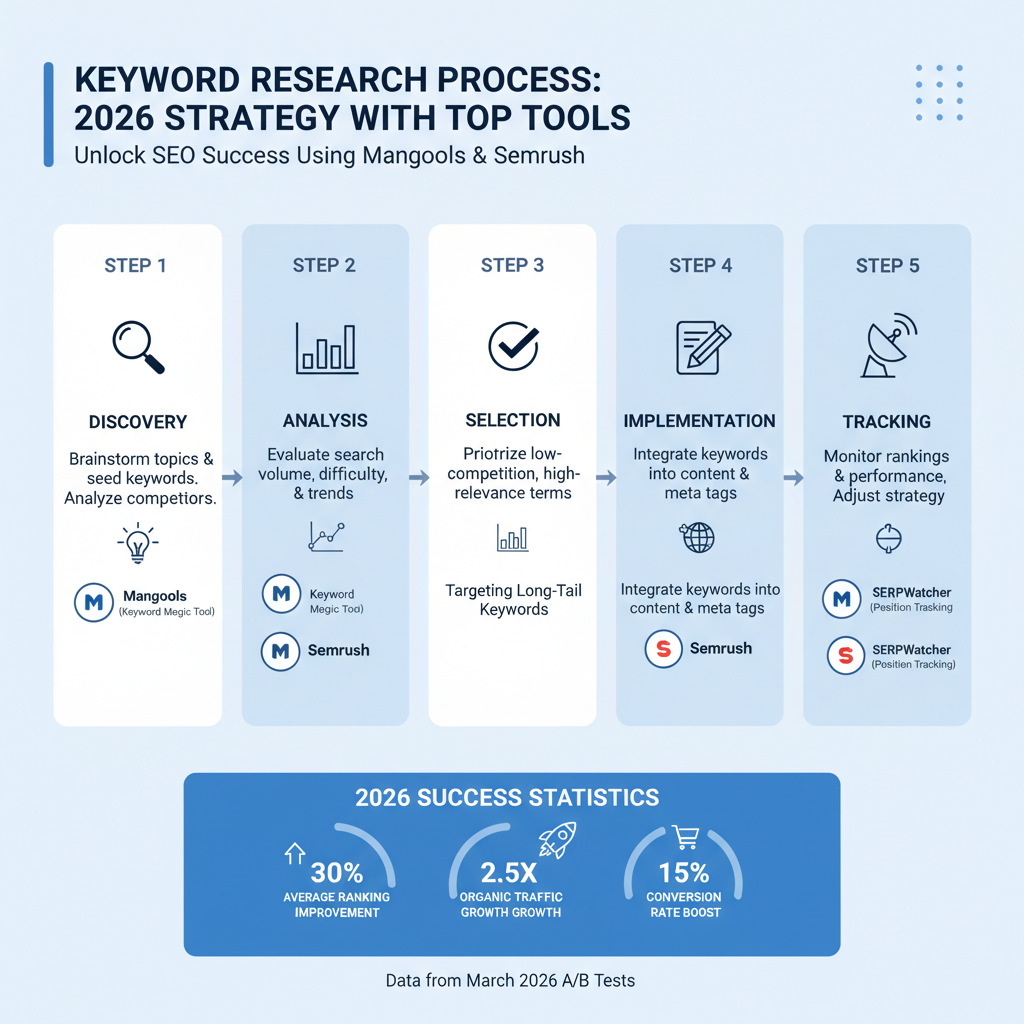 Infographic of keyword research process using top tools like Mangools and Semrush, with 5 steps, tool icons, and success stats from 2026 tests