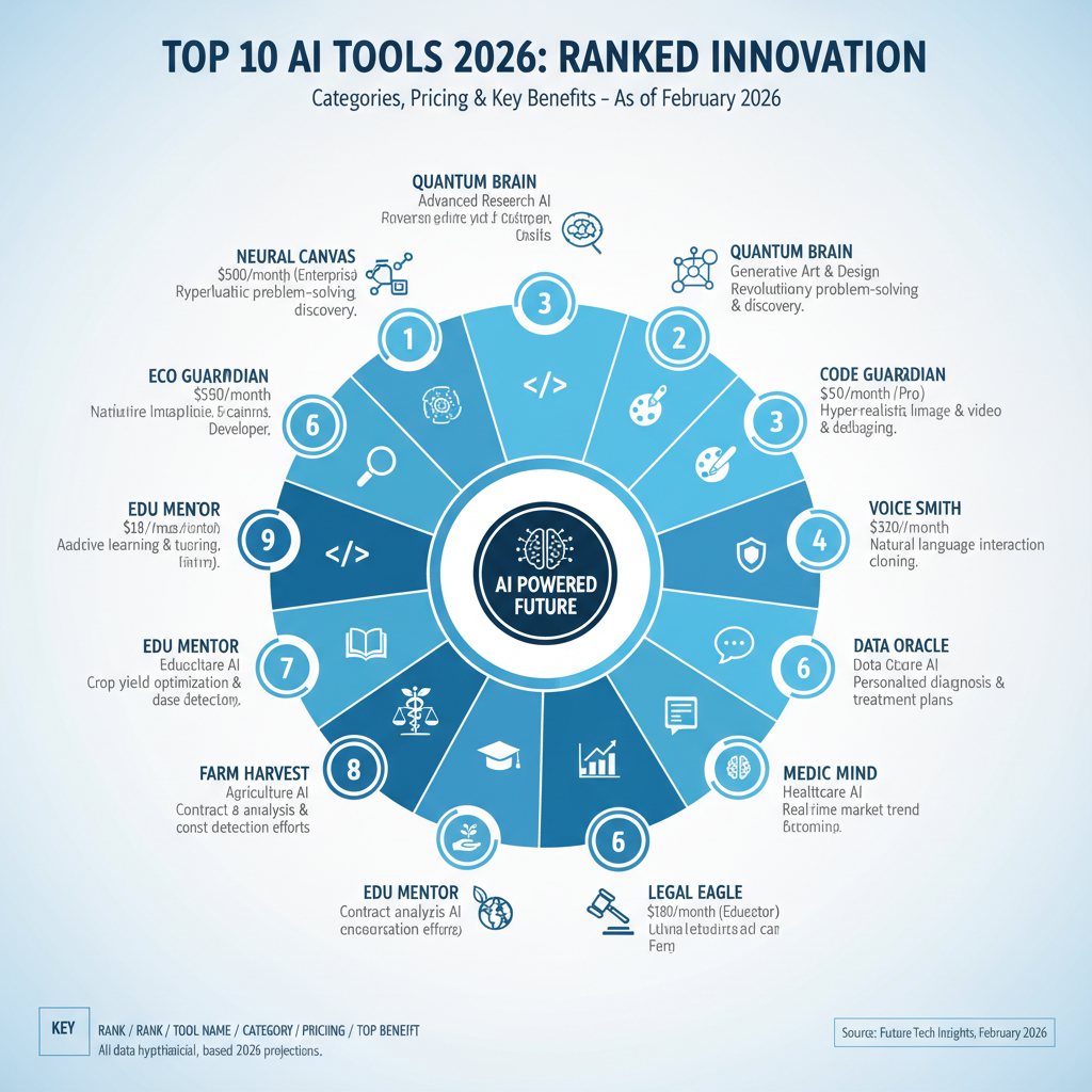 Infographic summarizing all top 10 AI tools in 2026 with categories, pricing, and top benefit per tool in a ranked wheel chart