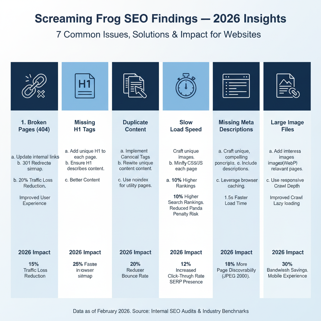 Infographic: 7 common Screaming Frog findings with fix steps and impact stats for 2026 sites