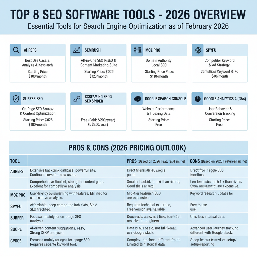Infographic summarizing all top 8 SEO tools: tool name, best use case, starting price, and pros/cons table with 2026 pricing
