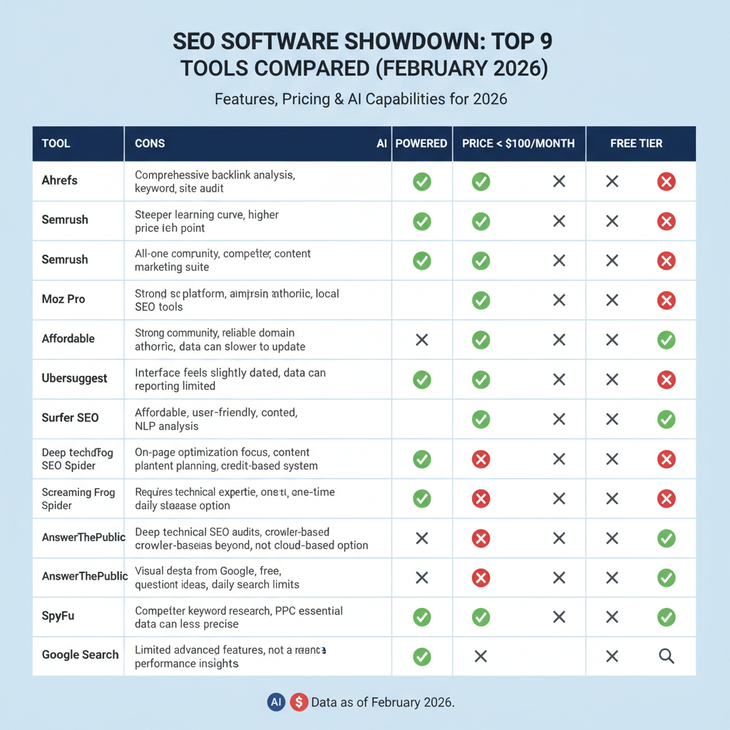 Infographic summarizing pros/cons of top 9 SEO tools in a comparison table format with checkmarks for features like AI, price under $100