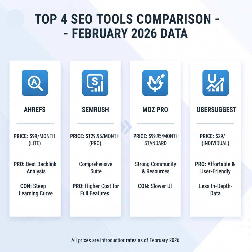 Infographic summarizing the comparison table above with top 4 SEO tools icons, prices, and one pro/con per tool