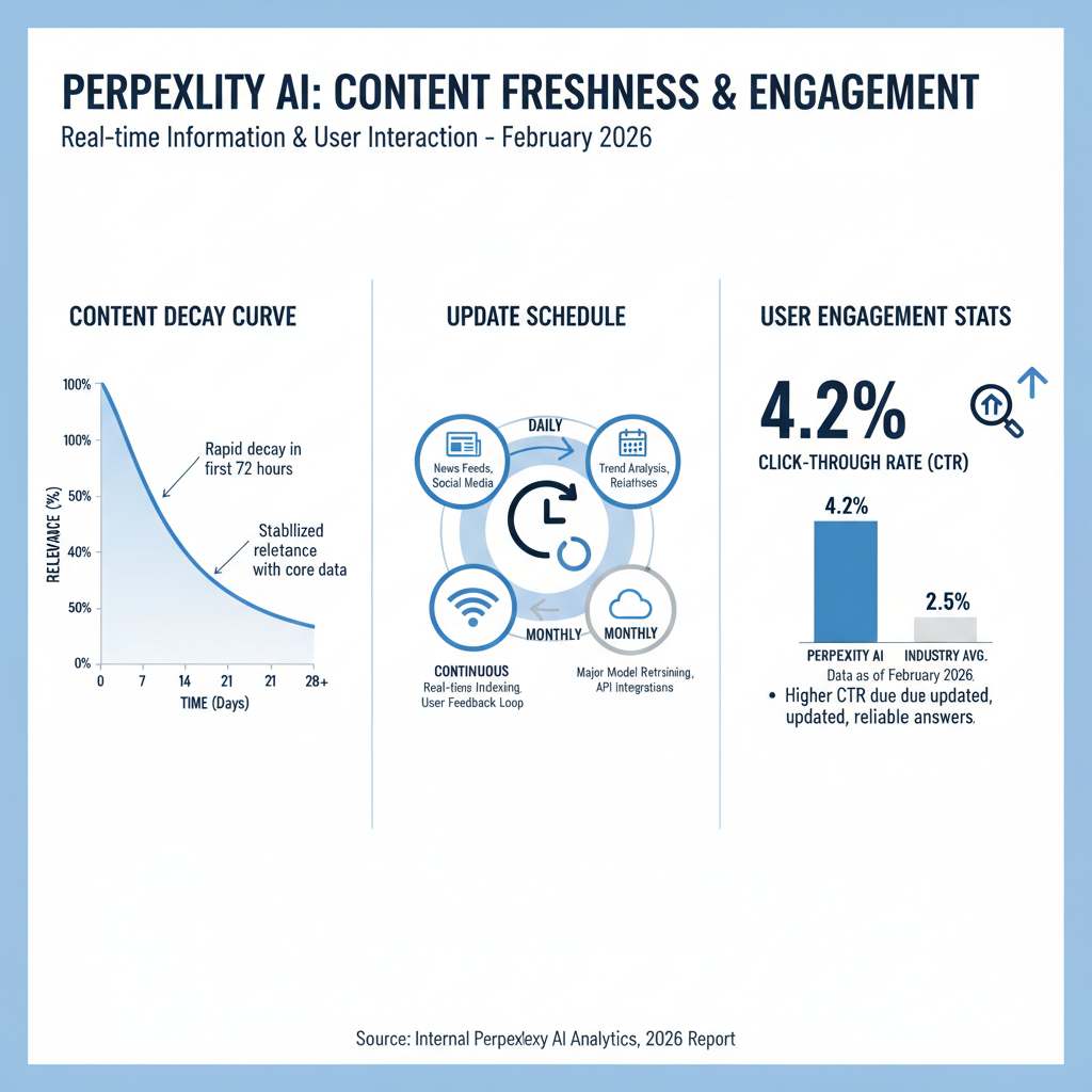 Infographic: Content freshness timeline for Perplexity AI with decay curve, update schedule, and 4.2% CTR stat