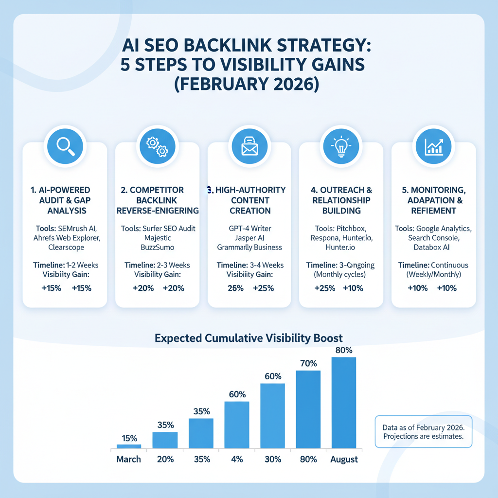 Infographic: Backlink strategy for AI SEO — 5 steps with tools, timelines, and expected visibility gains