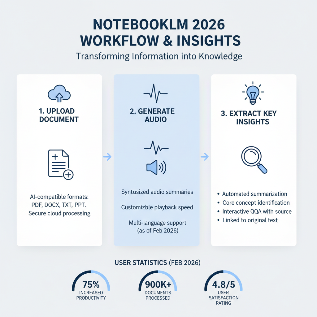 Infographic of NotebookLM workflow: upload doc → generate audio → key insights extracted, with user stats