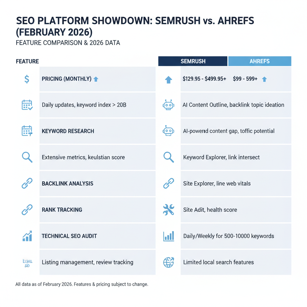 Infographic: Semrush vs Ahrefs feature comparison table with 8 categories like pricing, data freshness, AI tools as of 2026