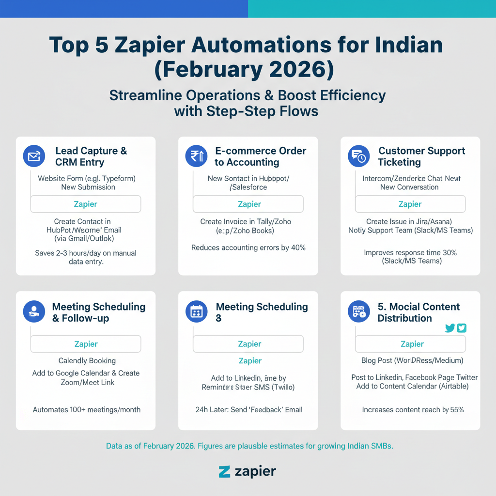 Infographic of top 5 Zapier automations for Indian businesses with step-by-step flows