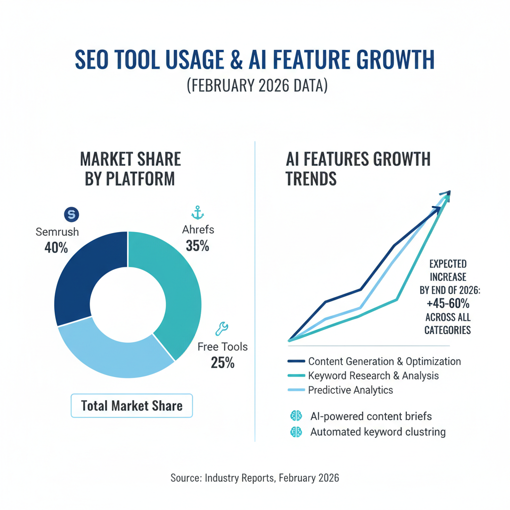 Infographic: 2026 stats on SEO tool usage—Semrush 40%, Ahrefs 35%, free tools 25%—with growth trends for AI features