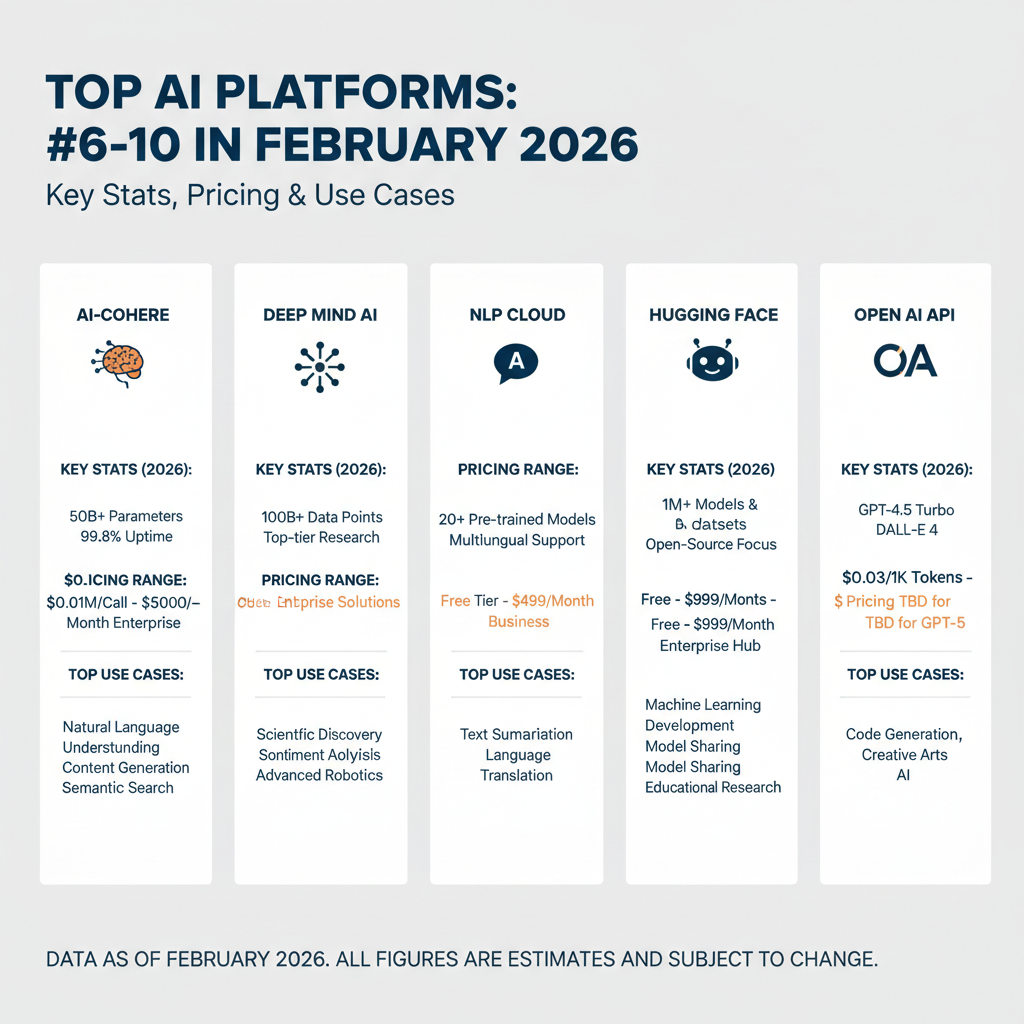 Infographic summarizing items 6-10 of the best AI platforms with key stats, pricing ranges, and top use cases