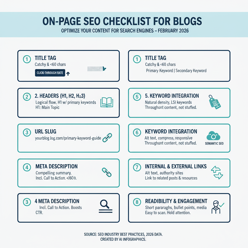 Infographic: On-page SEO checklist for blogs with 8 key elements, checkboxes, and tips like "Titles <60 chars" including primary keyword example