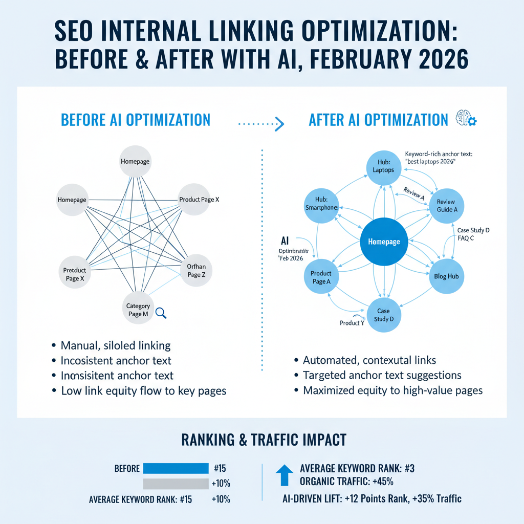 Infographic: Before/after internal linking map for SEO site with AI suggestions and ranking impact