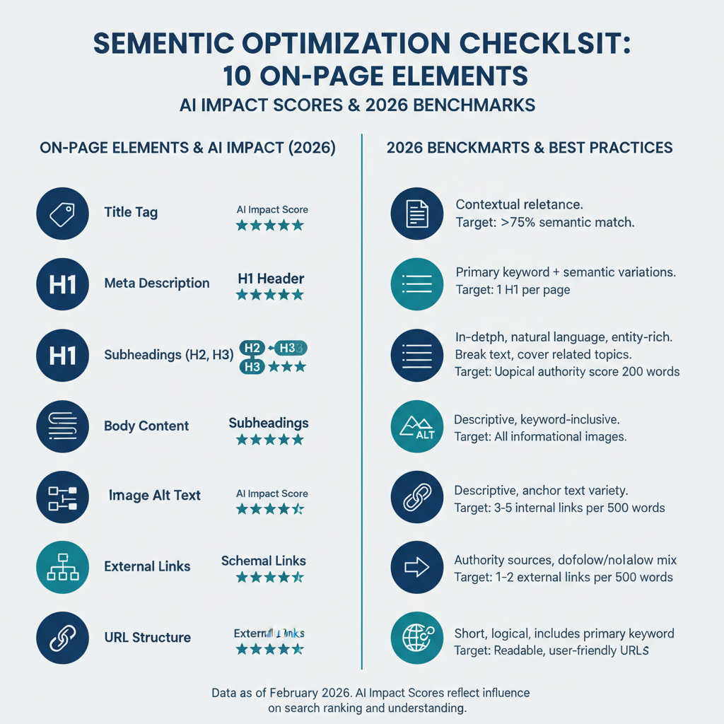 Infographic: Semantic optimization checklist—10 on-page elements with AI impact scores and 2026 benchmarks