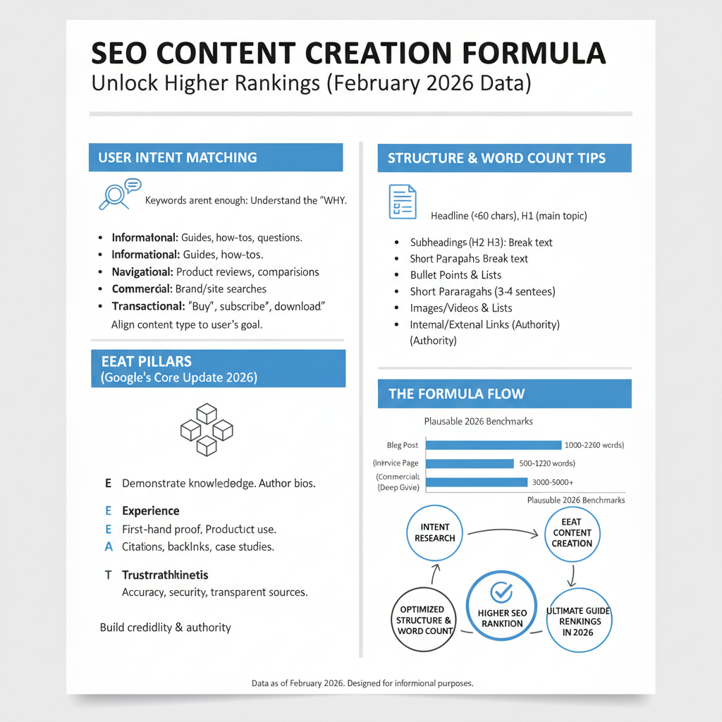 Infographic: Content creation formula for SEO rankings - intent matching, EEAT pillars, structure tips with word count benchmarks