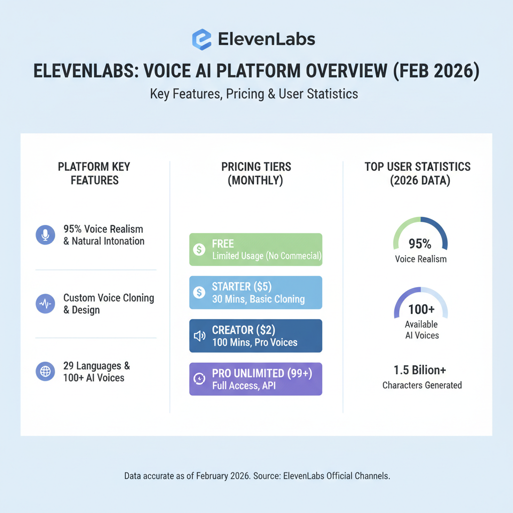 Infographic summarizing platforms 6-9 key features, pricing tiers, and top user stats like '95% voice realism' for ElevenLabs as of Feb 2026